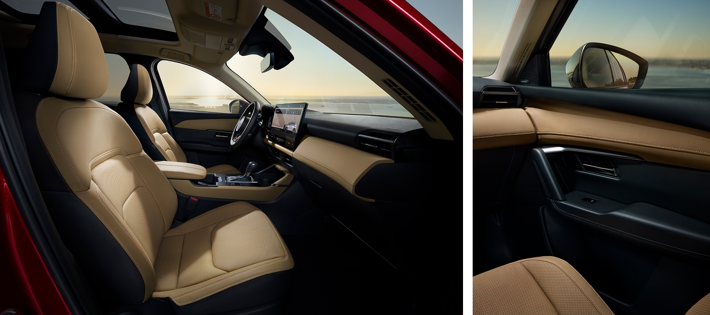 2026 Mazda CX-5 interior cabin featuring beige leather seats, large central infotainment display, premium crafted materials, and panoramic glass roof—luxury SUV design and advanced technology.