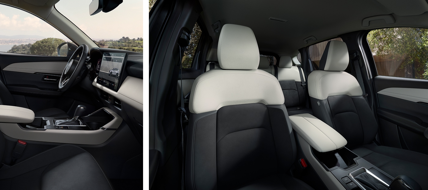2026 Mazda CX-5 interior view showing front and rear seats with black and white dual-tone, large central touchscreen, and sleek dashboard—modern SUV cabin design with spacious layout and advanced tech.